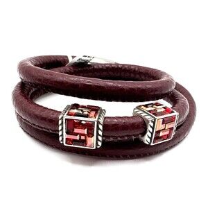 Brighton Woodstock Red Brown Leather Triple Bracelet 23in NWT + St Michel Beads
